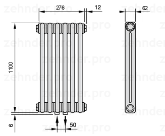 Схема (чертеж) Радиатор Zehnder Charleston 2110/6 №3470 Белый глянцевый RAL 9016